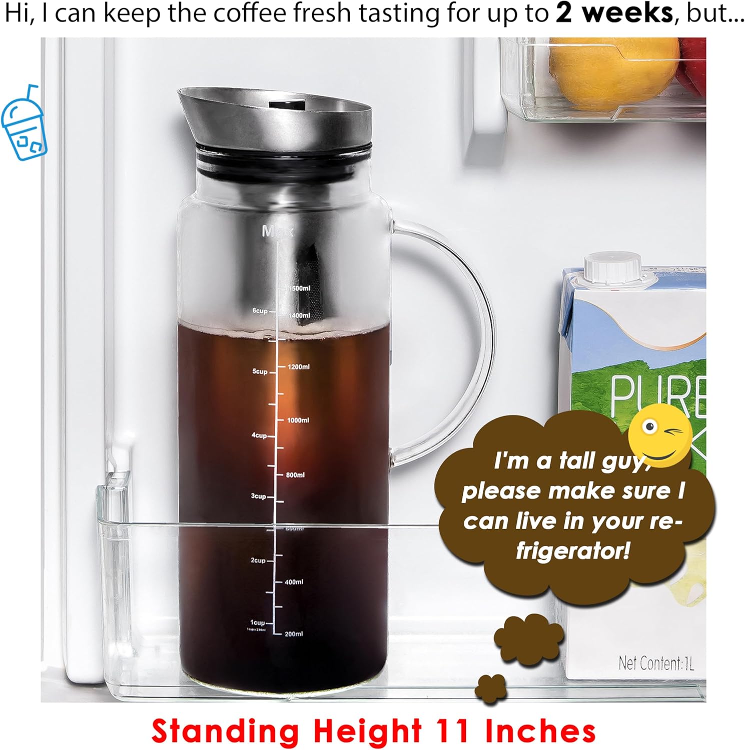 Aquach Cold Brew Coffee Iced Tea Maker & Fruit Pitcher - Large Capacity 51 Ounces - with Durable Glass Carafe/Fine Mesh Steel Infuser/Airtight Lid - Image 2