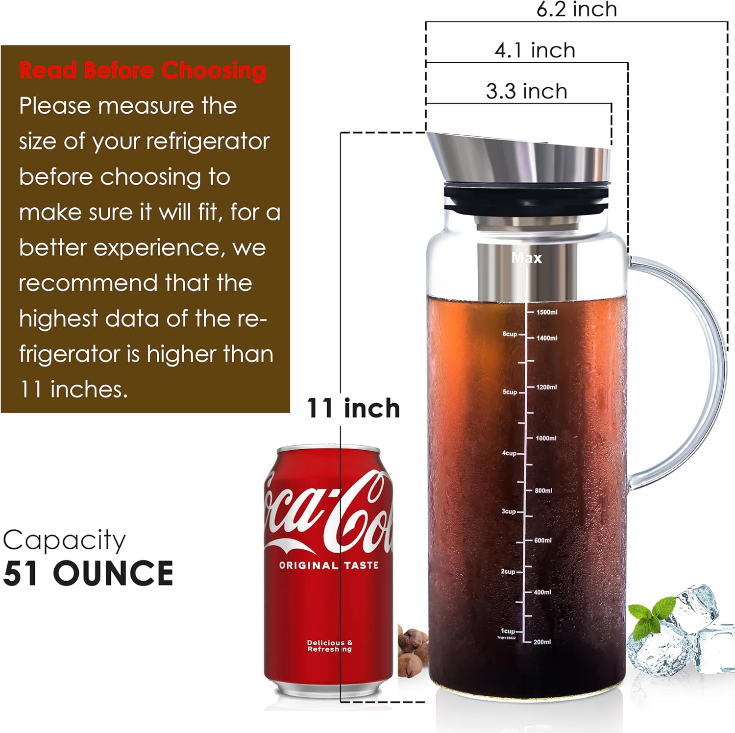 Aquach Cold Brew Coffee Iced Tea Maker & Fruit Pitcher - Large Capacity 51 Ounces - with Durable Glass Carafe/Fine Mesh Steel Infuser/Airtight Lid - Image 4