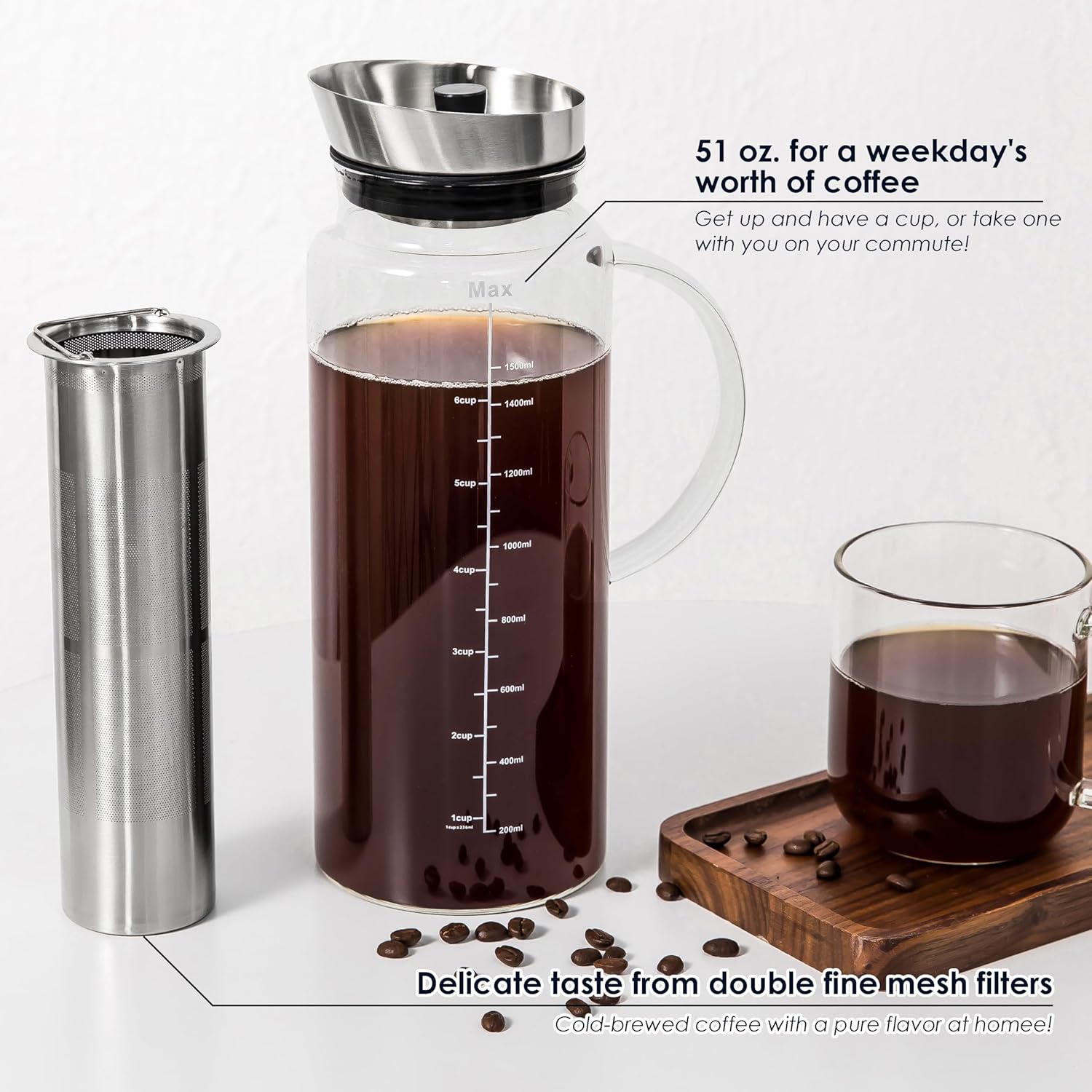 Aquach Cold Brew Coffee Iced Tea Maker & Fruit Pitcher - Large Capacity 51 Ounces - with Durable Glass Carafe/Fine Mesh Steel Infuser/Airtight Lid - Image 5