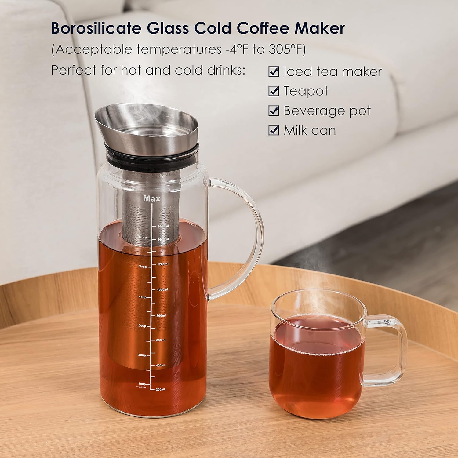 Aquach Cold Brew Coffee Iced Tea Maker & Fruit Pitcher - Large Capacity 51 Ounces - with Durable Glass Carafe/Fine Mesh Steel Infuser/Airtight Lid - Image 6