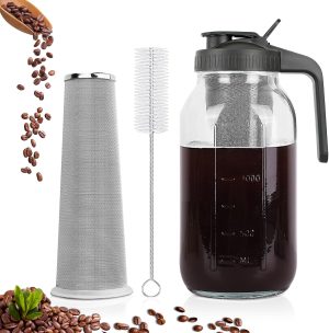 Cold Brew Coffee Maker,64 oz Mason Jar Pitcher with Stainless Steel Filter, Pour Spout Handle Lid, Heavy Duty Glass Airtight & Leak-Proof for Iced Coffee,Tea & Lemonade